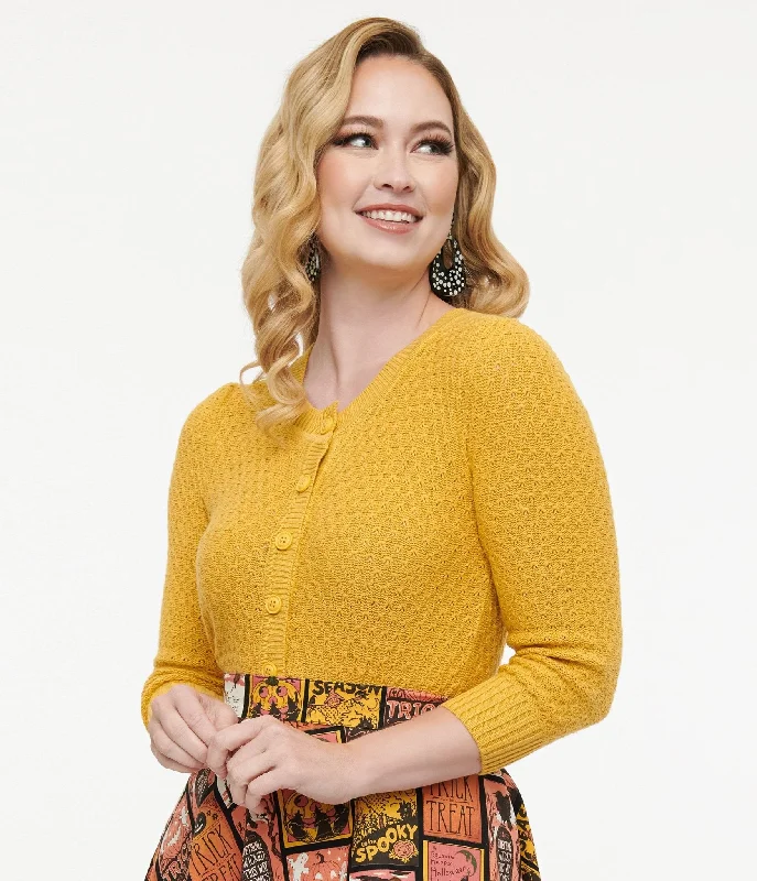 cardigan for hikes -Retro Style Honey Yellow Cotton Crochet Sleeved Button Cardigan