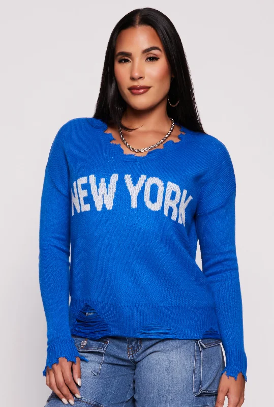 pullover sweater lightweight -New York Graphic Distressed V Neck Sweater