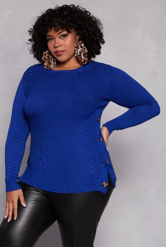 pullover sweater sea -Plus Size Button Side Detail Crew Neck Sweater