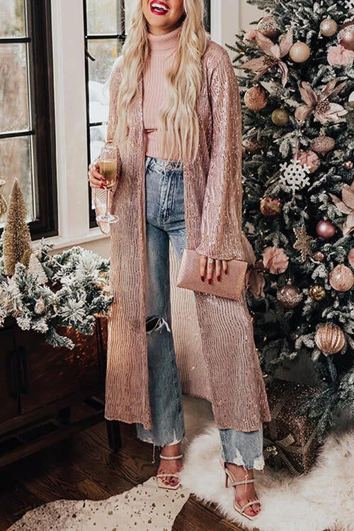 long cardigan black -Sequin Open Front Long Sleeve Cardigan