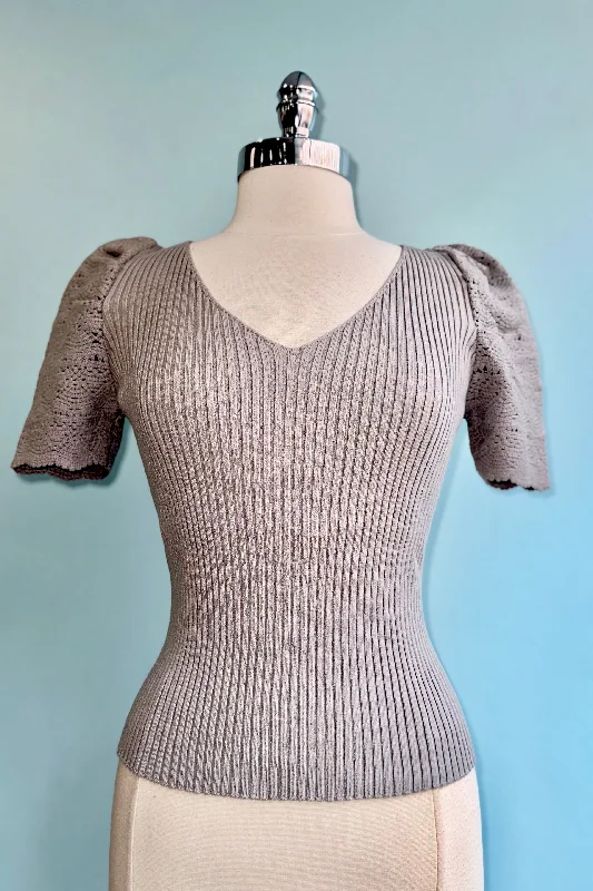 pullover sweater warm -Silver Grey V-Neck Ribbed Sweater