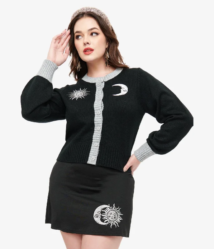 cardigan fuzzy yarn -Smak Parlour 1960s Black & Silver Celestial Embroidered Cropped Cardigan