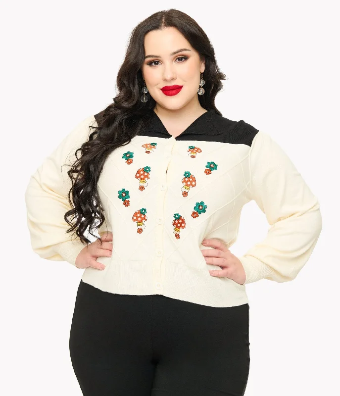 cardigan brown earthy -Smak Parlour Plus Size 1960s Ivory & Black Mushroom Embroidered Cardigan