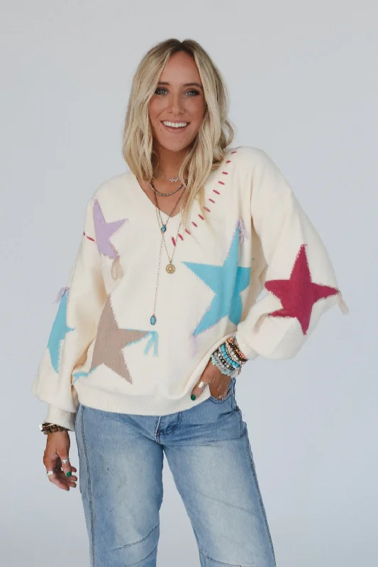 pullover sweater plush -Stellar Groove Star Print Sweater - Beige