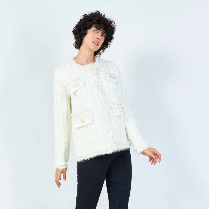 cardigan for mild weather -Striped fringe-trim cardigan with pearl buttons wholesale