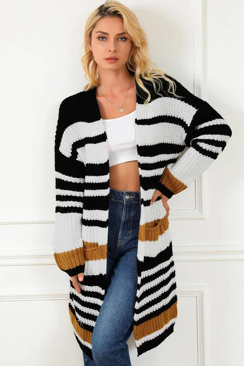 cardigan for crisp days -Striped Open Front Cardigan with Pockets