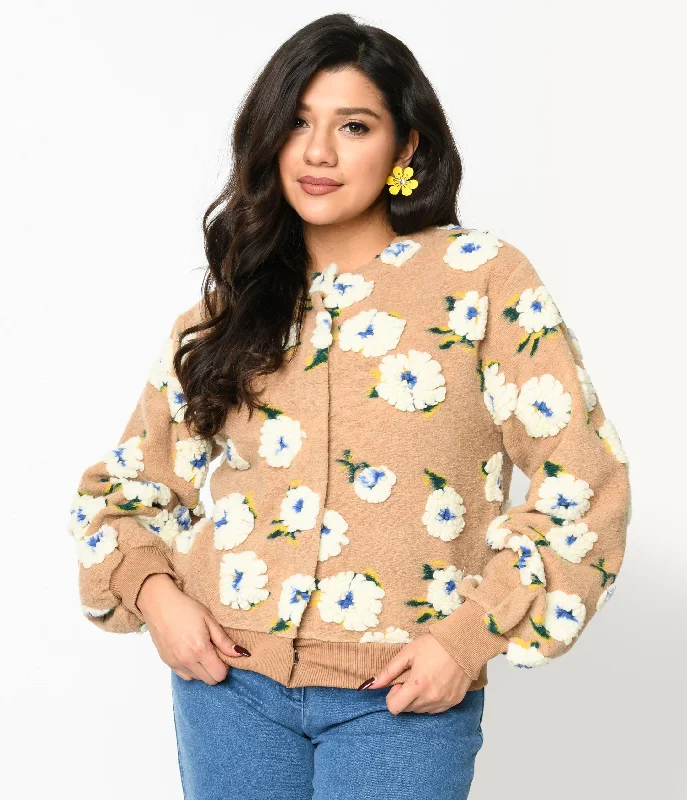 cardigan for events -Tan & 3D White Floral Cardigan