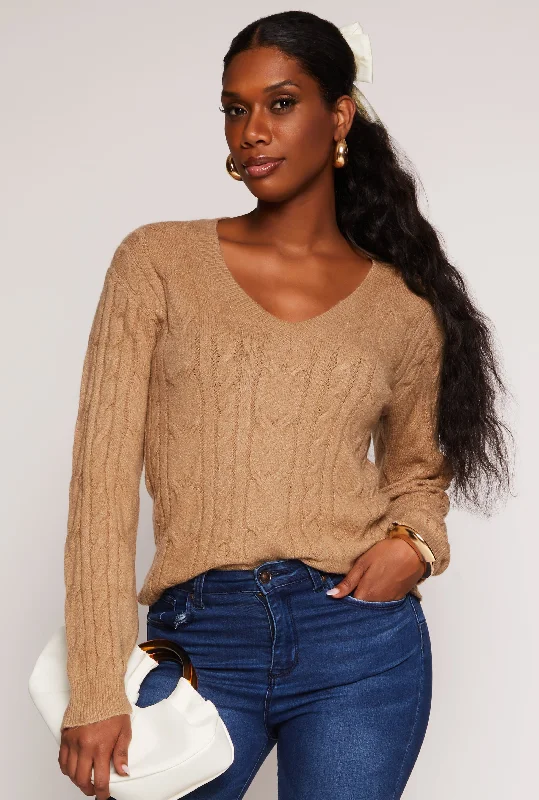 pullover sweater for cool -Cable Knit V Neck Sweater