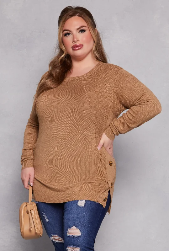 pullover sweater fuzzy knit -Plus Size Button Side Detail Crew Neck Sweater