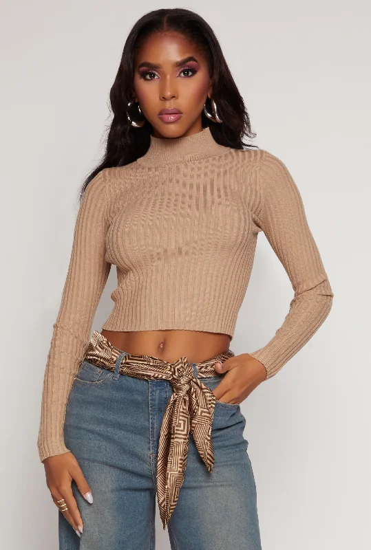 pullover sweater sand -Ribbed Knit Mock Neck Cropped Sweater