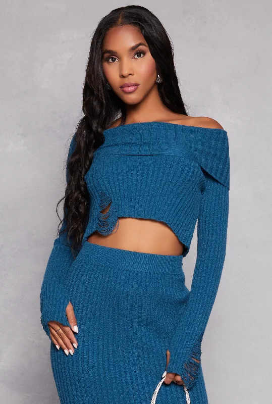 pullover sweater for strolls -Distressed Ribbed Knit Off the Shoulder Sweater