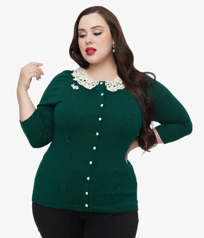 cardigan slim fit -The Golden Girls x Unique Vintage Plus Size Green & White Lace Sophia Bookworm Cardigan