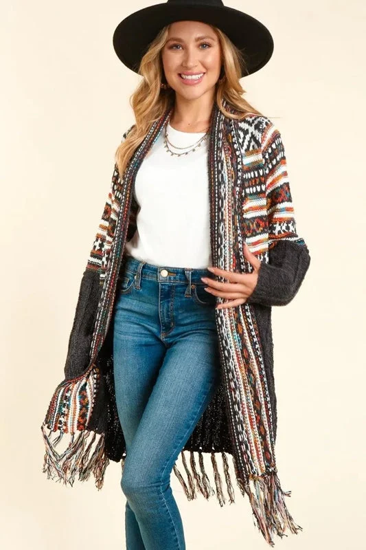 cardigan yellow bright -Tribal Shawl Cardigan with Fringe Tassel - Charcoal