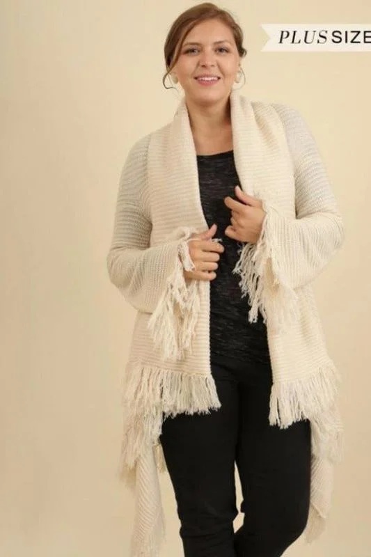 cardigan fuzzy texture -Umgee Plus Fringe Cardigan Sweater -  Cream