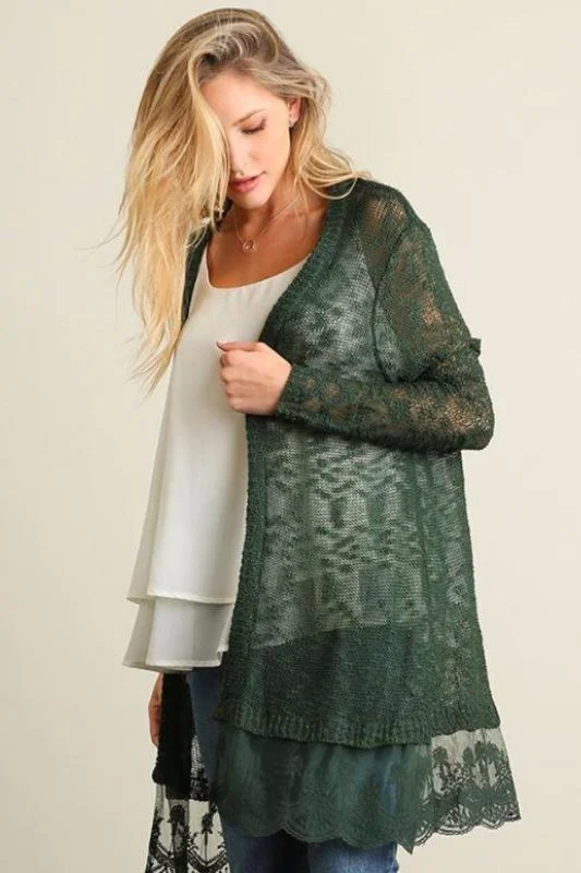 cardigan deep blue -Umgee Cardigan Lace Hem - Forest Green