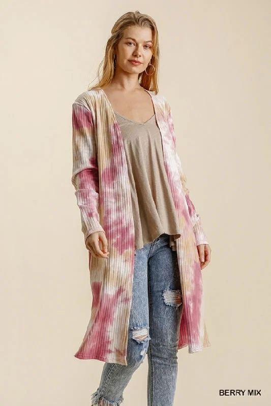 cardigan soft cashmere -Umgee Casual Tie Dye Duster Cardigan - Berry Mix