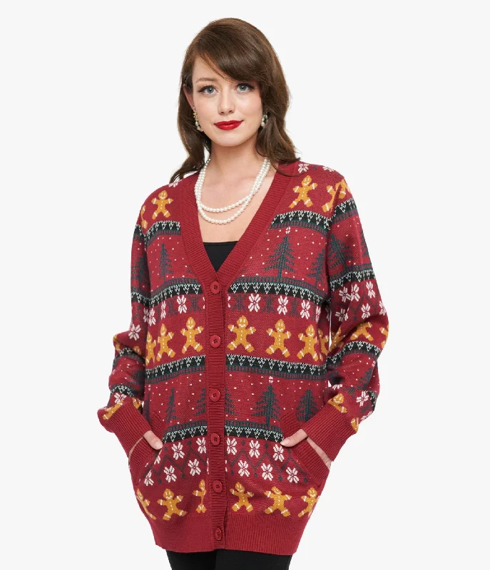 cardigan minimalist look -Unique Vintage 1960s Burgundy Gingerbread Fair Isle Cardigan