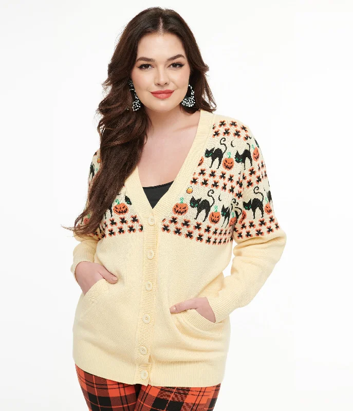 cardigan thick yarn -Unique Vintage 1960s Ivory & Orange Halloween Print Cardigan