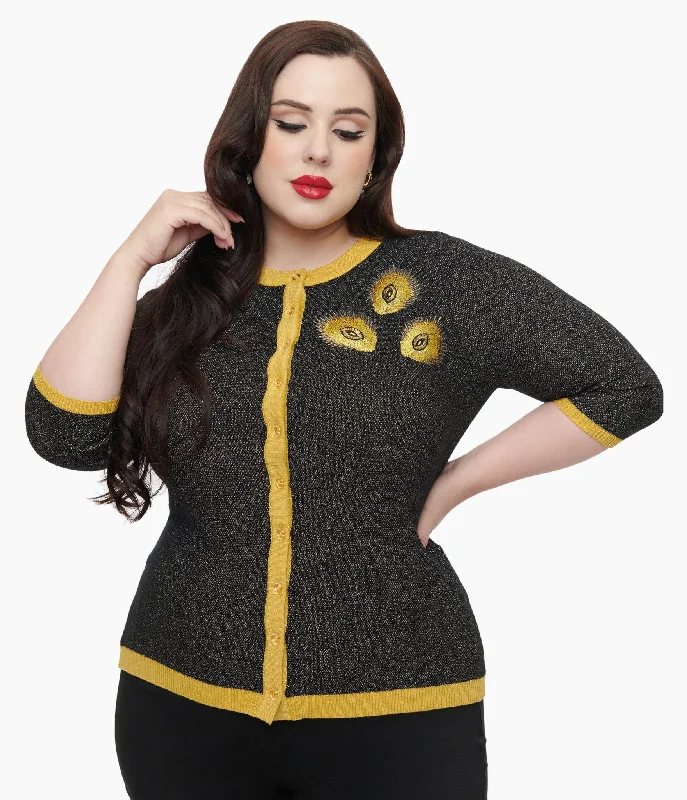 cardigan for outings -Unique Vintage Plus Size 1950s Black & Gold Peacock Feather Embroidered Bookworm Cardigan