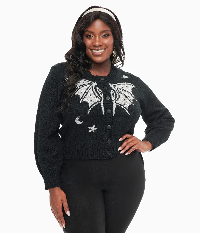 cardigan light fabric -Unique Vintage Plus Size 1950s Black & Silver Bat Cropped Cardigan