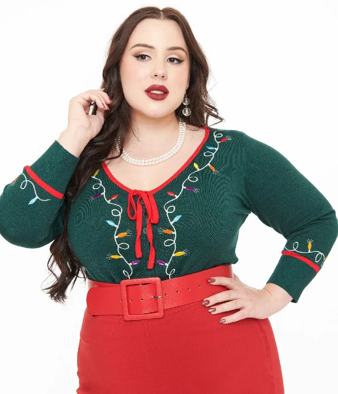 cardigan white elegant -Unique Vintage Plus Size 1950s Green Holiday Lights Crop Cardigan