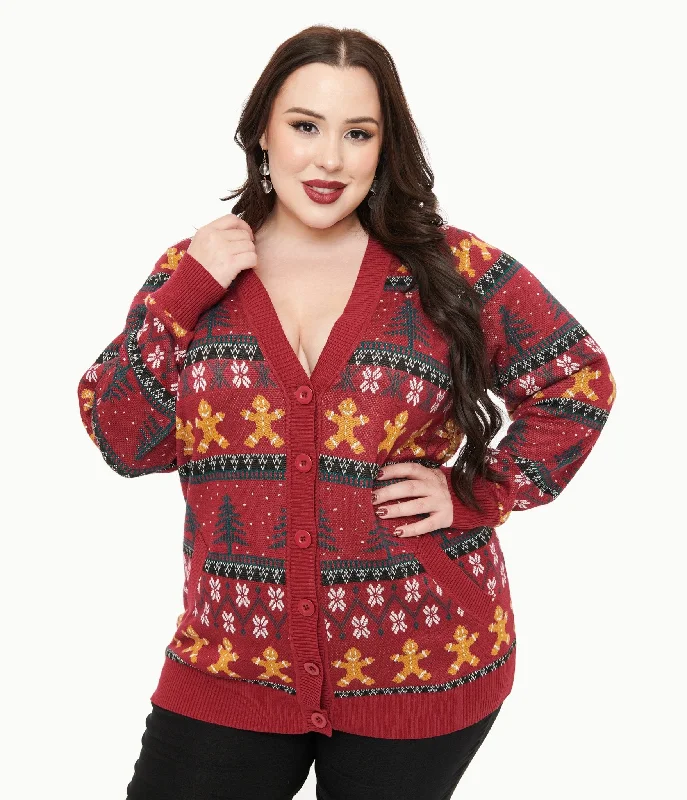 cardigan warm layers -Unique Vintage Plus Size 1960s Burgundy Gingerbread Fair Isle Cardigan