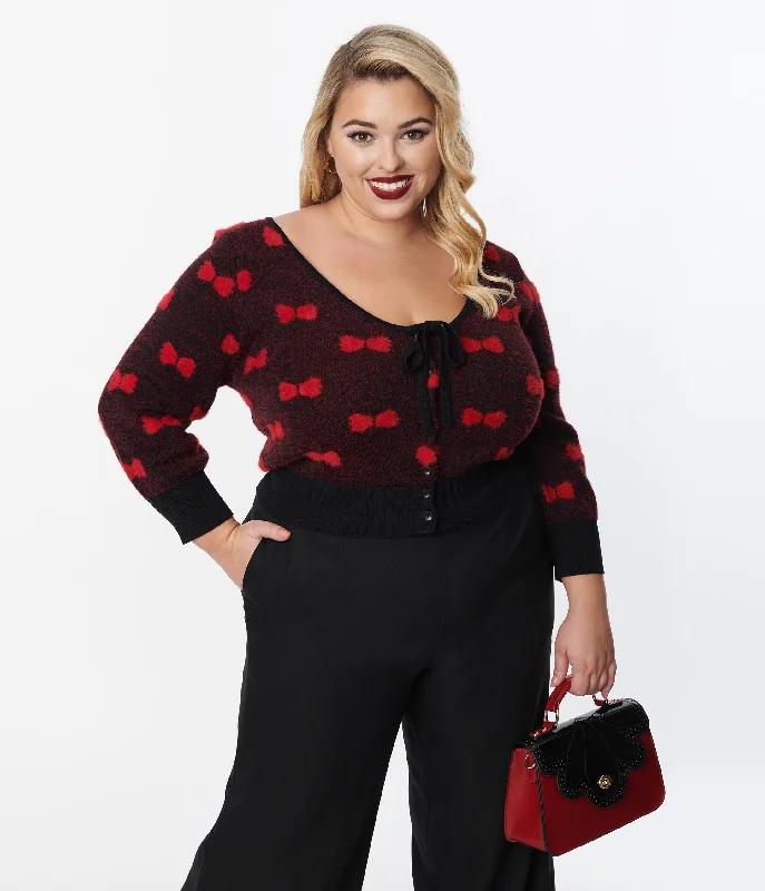 cardigan with vent -Unique Vintage Plus Size Black & Red Bows Dandy Cardigan