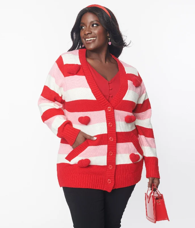 cardigan for meetups -Unique Vintage Plus Size Pink & Red Striped Crochet Hearts Cardigan