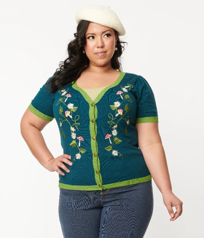 cardigan light beige -Unique Vintage Plus Size Teal Mushroom & Daisy Embroidered Cardigan