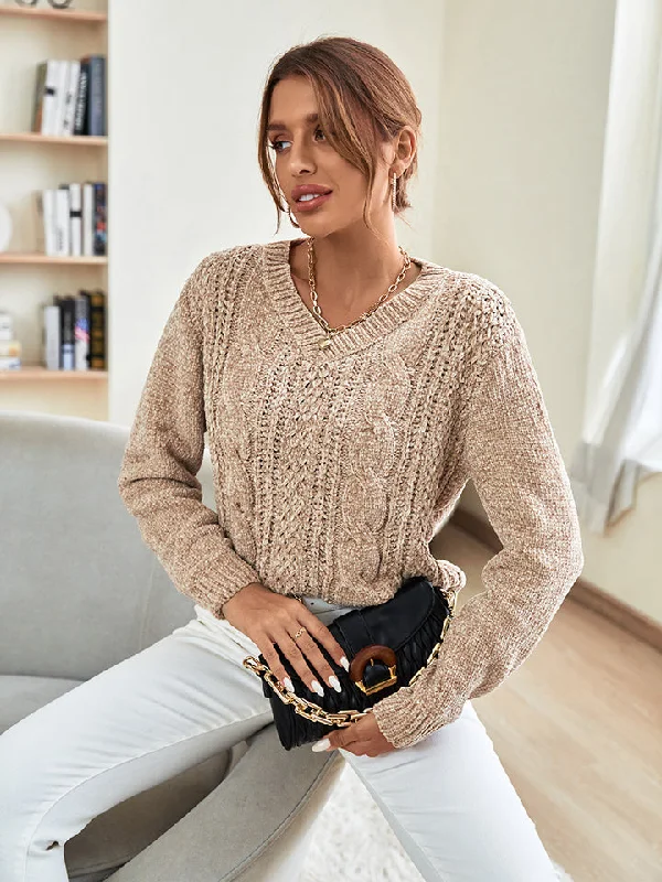 pullover sweater for outings -V-Neck Cable-Knit Long Sleeve Sweater