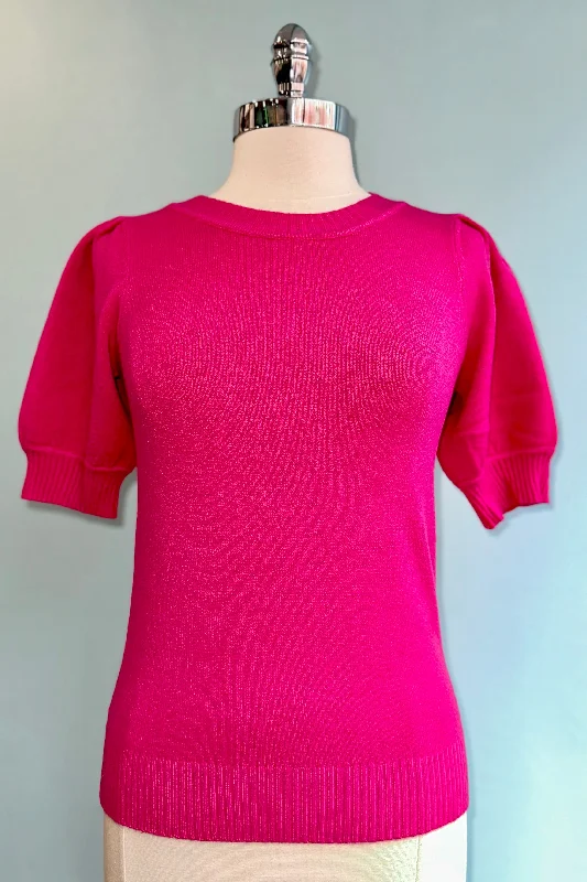 pullover sweater for mild -Viva Magenta Round Neck Short Sleeve Sweater