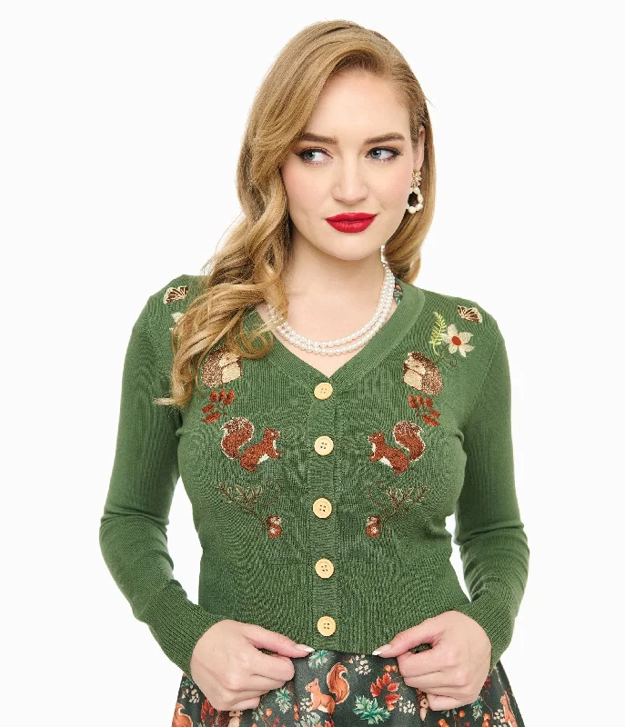 cardigan for party -Voodoo Vixen 1950s Green Woodland Embroidered Cardigan