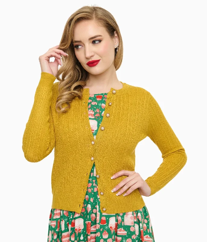 cardigan for outdoors -Voodoo Vixen 1950s Mustard Yellow Textured Cardigan