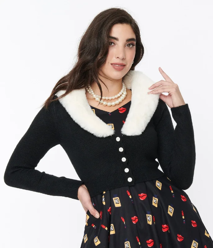 cardigan with flare -Voodoo Vixen Black Faux Fur Collar Cropped Cardigan