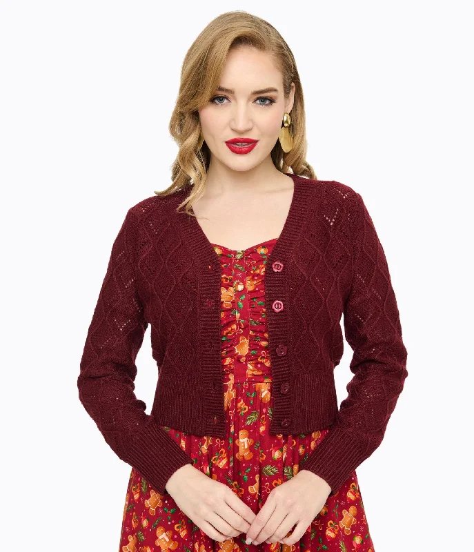 cardigan for vacation -Voodoo Vixen Burgundy Flower Button Cardigan