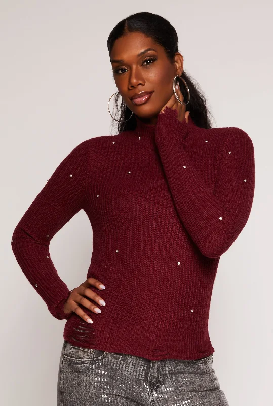 pullover sweater for hikes -Rhinestone Studded Distressed Sweater