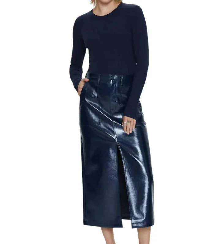 stretch brown skirts -Alice Utility Midi Skirt In Navy Vinyl