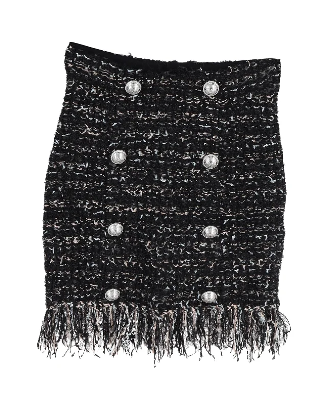 maxi black skirts -Balmain 8-Button Fringed Tweed Skirt in Black Viscose