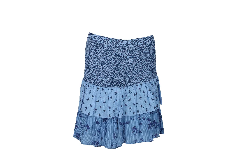 A-line teal skirts -Baum und Pferdgarten Salwa Tiered Printed Mini Skirt in Blue Viscose