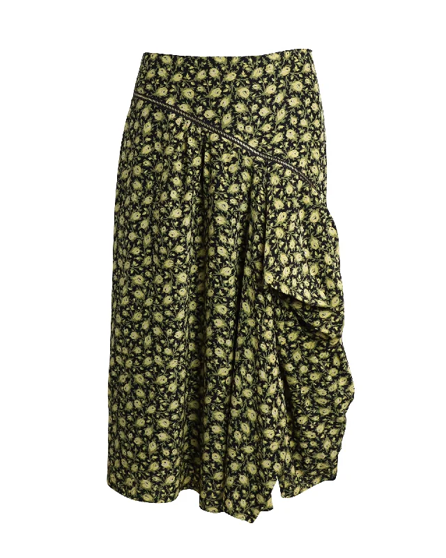 cotton indigo skirts -Burberry Zip-detailed Draped Floral Midi Skirt in Yellow and Green Silk