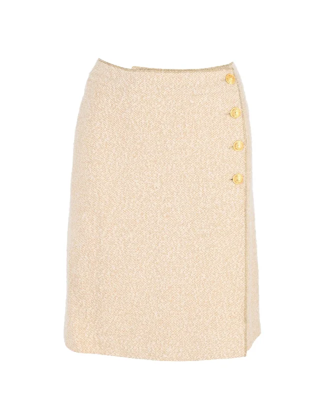 minimalist beige skirts -Chanel Gold Button Wrap Skirt in Cream Wool