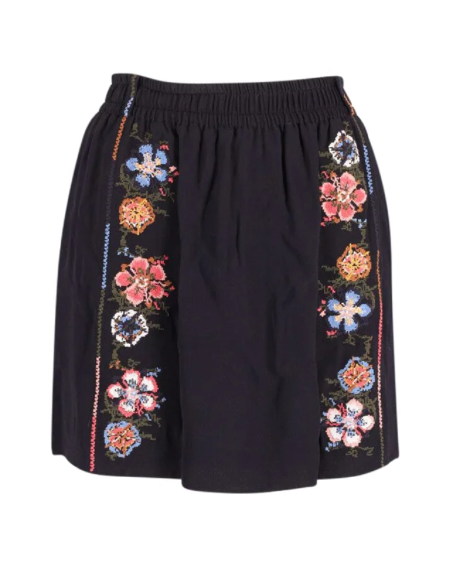 minimalist indigo skirts -Chloe Embroidered Mini Skirt in Black Crepe