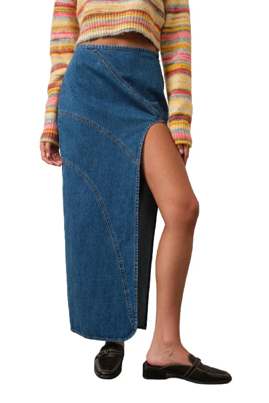 urban grey skirts -Denim Maxi Skirt With Front Slit In Blue