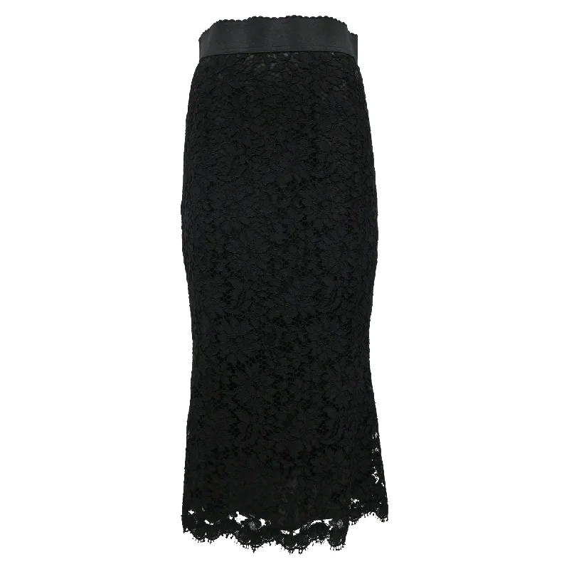 wrap brown skirts -Dolce & Gabbana Floral-Lace Midi Skirt in Black Cotton