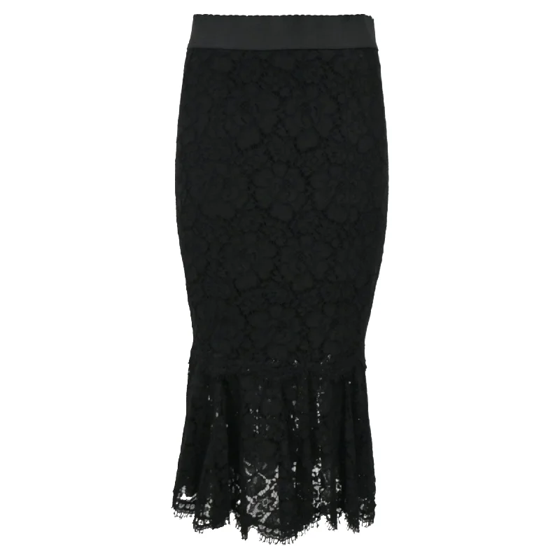 soft beige skirts -Dolce & Gabbana Lace Midi Skirt in Black Cotton