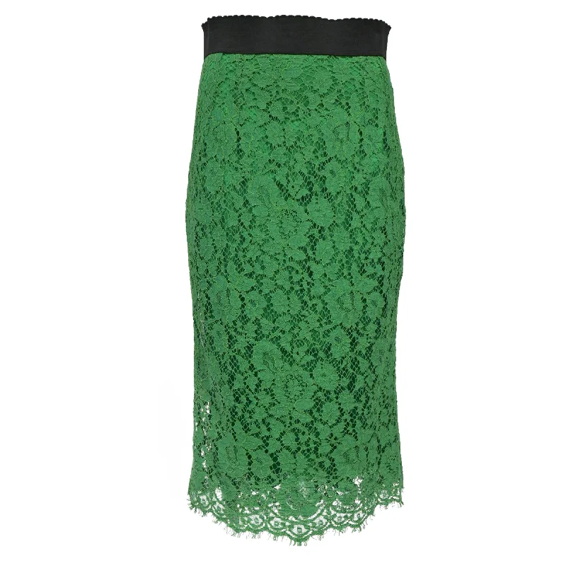 elegant beige skirts -Dolce & Gabbana Lace Midi Skirt in Green Cotton