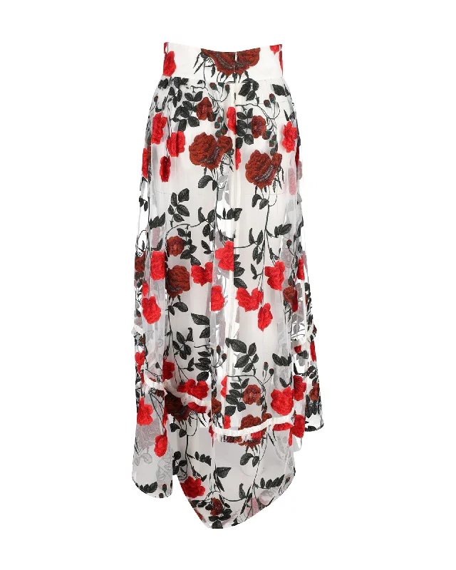 red pencil skirts -Ganni Monroe Asymmetric Floral Midi Skirt in White Tulle