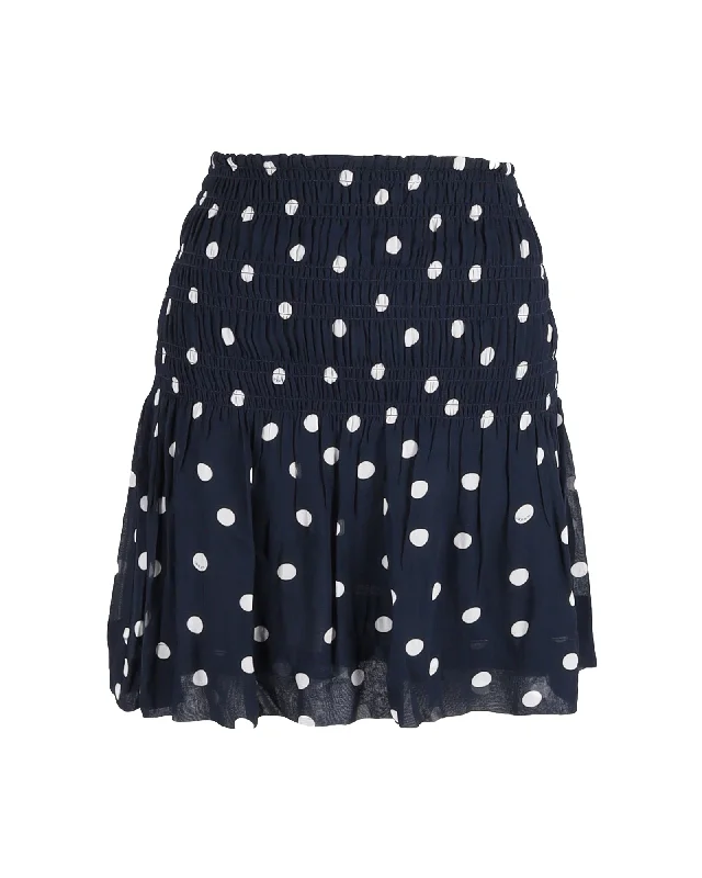 lightweight teal skirts -Ganni Smocked Polka-Dot Mini Skirt in Navy Blue Viscose