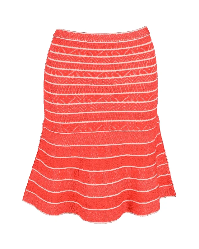 patterned pink skirts -Herve Leger Striped Flared Skirt in Orange Rayon