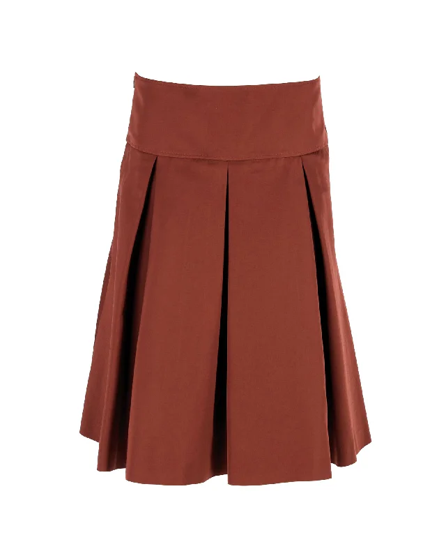 stretch brown skirts -Hugo Boss Box Pleated Midi Skirt in Ochre Brown Polyester